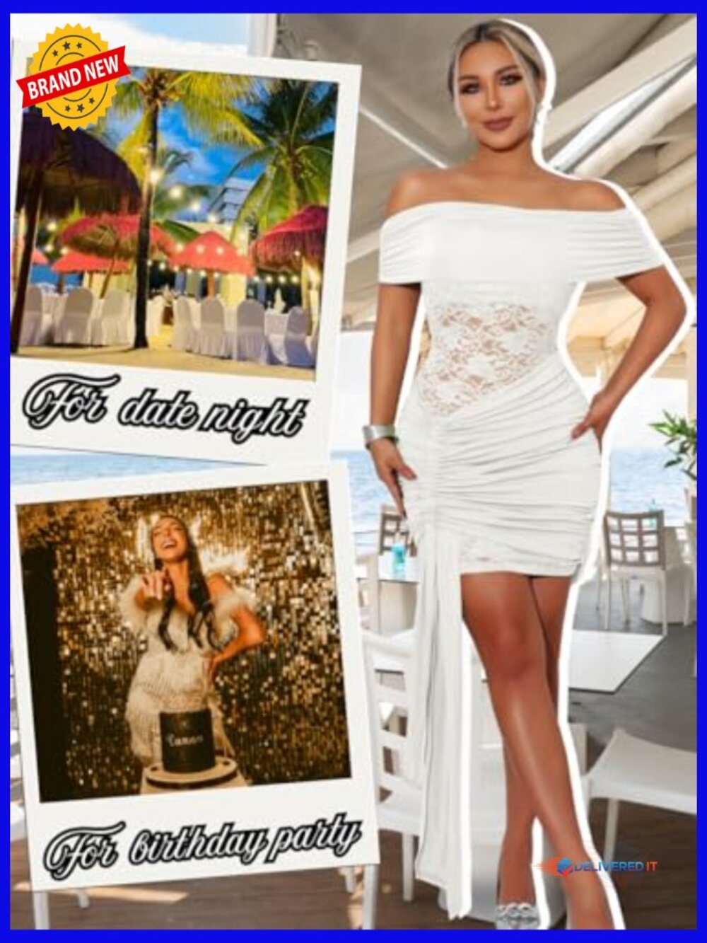 Off Shoulder Ruched Mini Dress, Stretch Lace Bodycon for Night Out - Picture 6 of 7